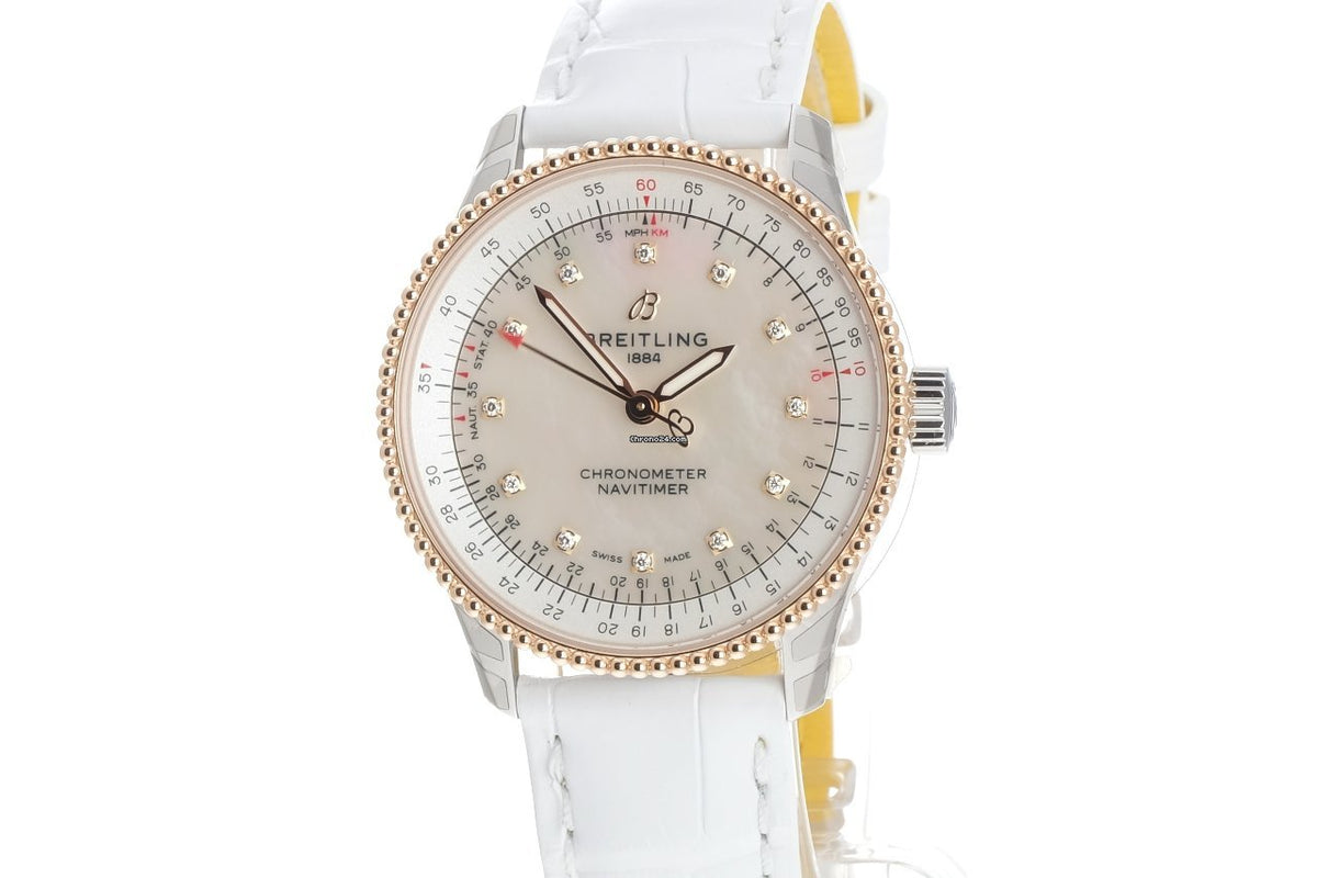  Shop Authentic Breitling Navitimer Automatic 35 Mother of Pearl Dial White Leather Strap Watch for Women - U17395211A1P3 - Luxxuri