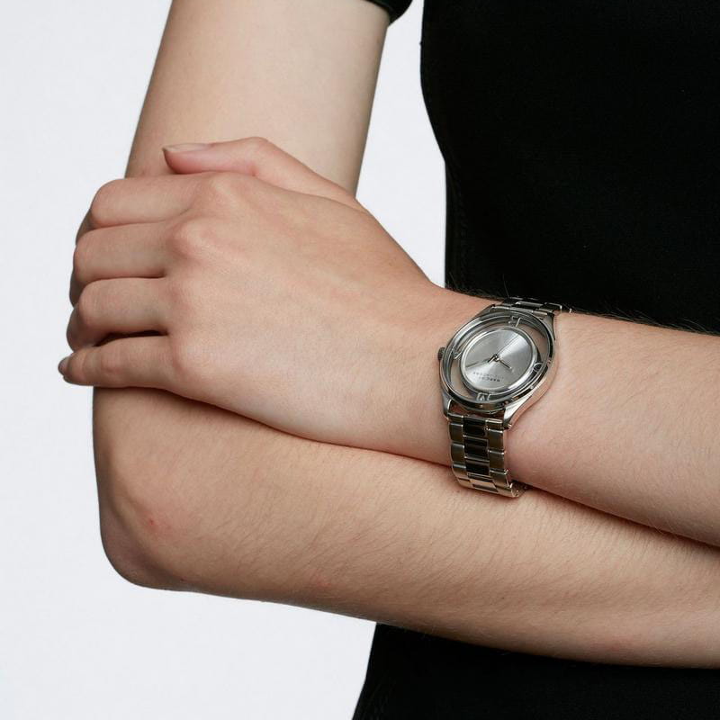  Shop Authentic Marc Jacobs Tether Transparent Silver Dial Silver Steel Strap Watch for Women - MBM3412 - Luxxuri