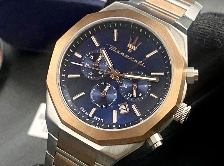  Shop Authentic Maserati Stile Chronograph Blue Dial Rose Gold Two Tone Strap Watch For Men - R8873642002 - Luxxuri