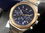  Shop Authentic Maserati Stile Chronograph Blue Dial Rose Gold Two Tone Strap Watch For Men - R8873642002 - Luxxuri