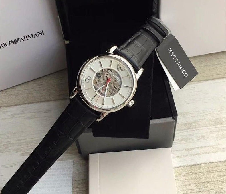  Shop Authentic Emporio Armani Meccanico Silver Skeleton Dial Black Leather Watch For Men - AR1997 - Luxxuri