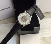  Shop Authentic Emporio Armani Meccanico Silver Skeleton Dial Black Leather Watch For Men - AR1997 - Luxxuri