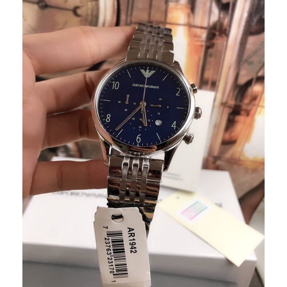  Shop Authentic Emporio Armani Chronograph Blue Dial Silver Steel Strap Watch For Men - AR1942 - Luxxuri