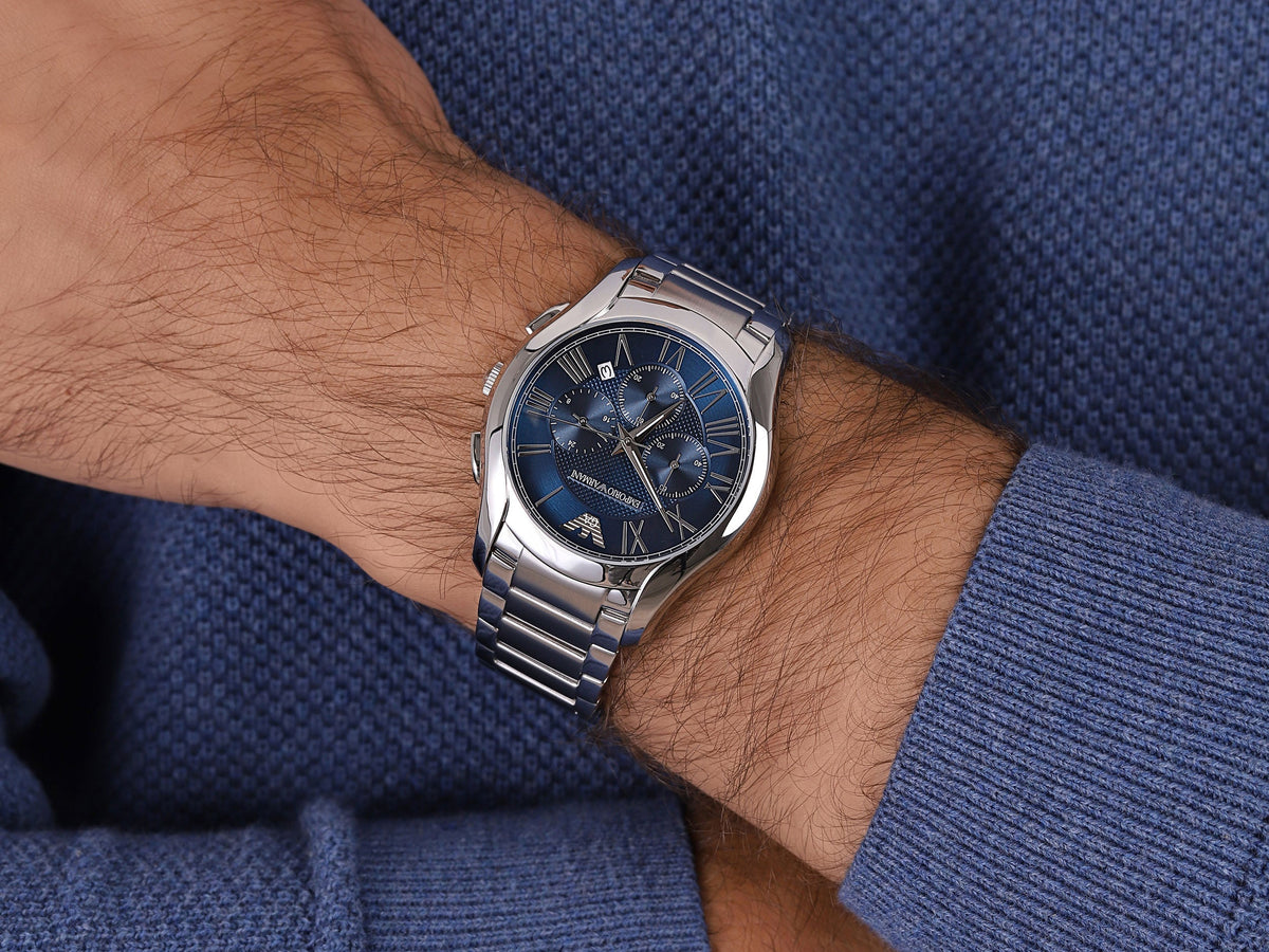 Shop Authentic Emporio Armani Chronograph Quartz Blue Dial Silver Steel Strap Watch For Men - AR11082 - Luxxuri