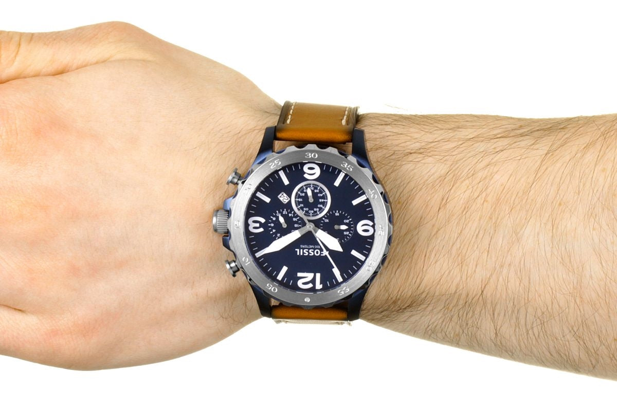  Shop Authentic Fossil Nate Chronograph Navy Blue Dial Brown Leather Strap Watch for Men - JR1504 - Luxxuri