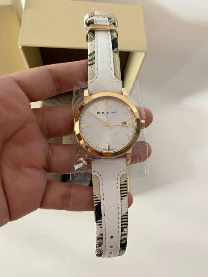  Shop Authentic Burberry The City White Dial White Leather Strap Watch for Women - BU9015 - Luxxuri