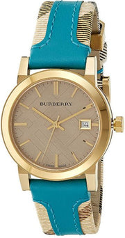  Shop Authentic Burberry Heritage Gold Dial Blue Leather Strap Watch for Women - BU9112 - Luxxuri