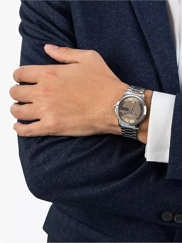  Shop Authentic Gucci G Timeless Brown Dial Silver Steel Strap Watch For Men - YA126445 - Luxxuri