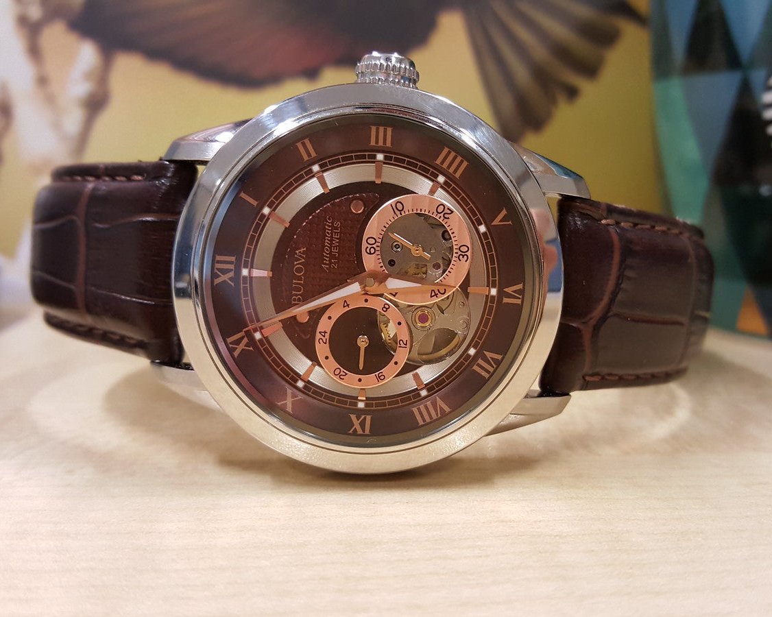  Shop Authentic Bulova Classic Skeleton Automatic Brown Dial Brown Leather Strap Watch for Men - 96A120 - Luxxuri