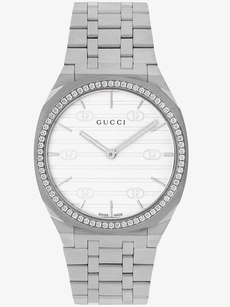  Shop Authentic Gucci 25H Quartz Silver Dial Silver Steel Strap Unisex Watch - YA163407 - Luxxuri