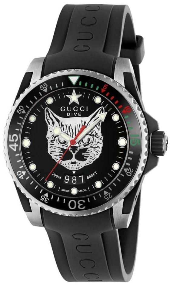  Shop Authentic Gucci Dive Feline Black Dial Black Rubber Strap Watch For Men - YA136320 - Luxxuri