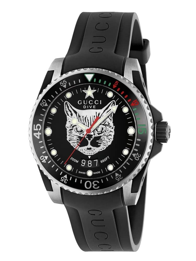  Shop Authentic Gucci Dive Feline Black Dial Black Rubber Strap Watch For Men - YA136323 - Luxxuri