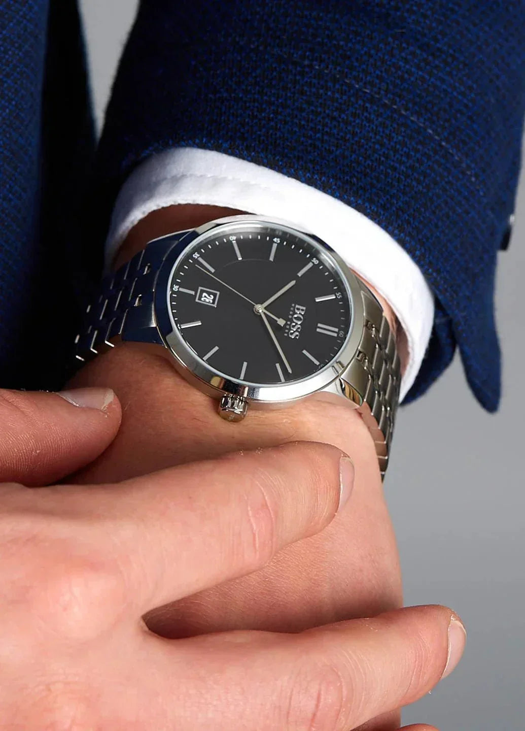  Shop Authentic Hugo Boss Officer Black Dial Silver Steel Strap Watch for Men - 1513614 - Luxxuri