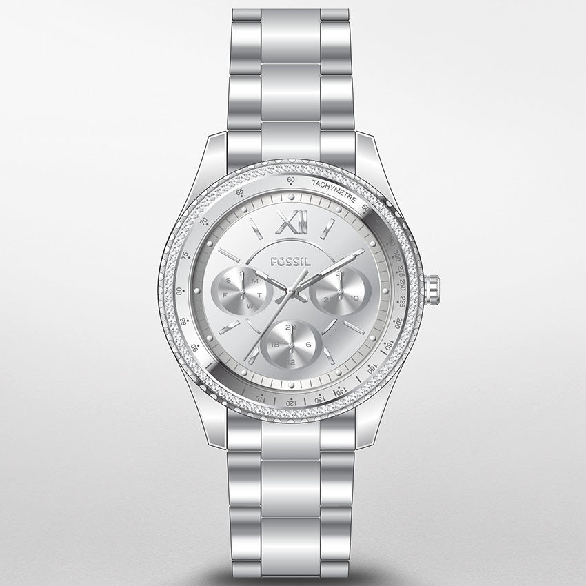  Shop Authentic Fossil Stella Sport Multifunction Silver Dial Silver Steel Strap Watch for Women - ES5108 - Luxxuri