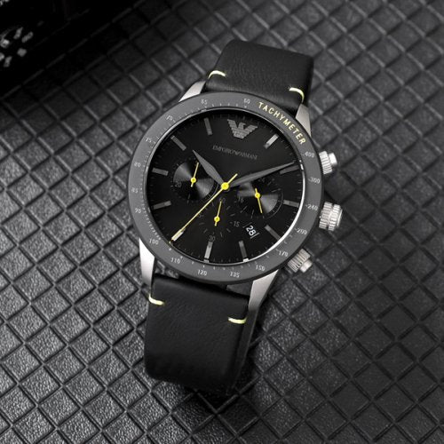  Shop Authentic Emporio Armani Mario Chronograph Black Dial Black Leather Strap Watch For Men - AR11325 - Luxxuri