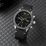  Shop Authentic Emporio Armani Mario Chronograph Black Dial Black Leather Strap Watch For Men - AR11325 - Luxxuri