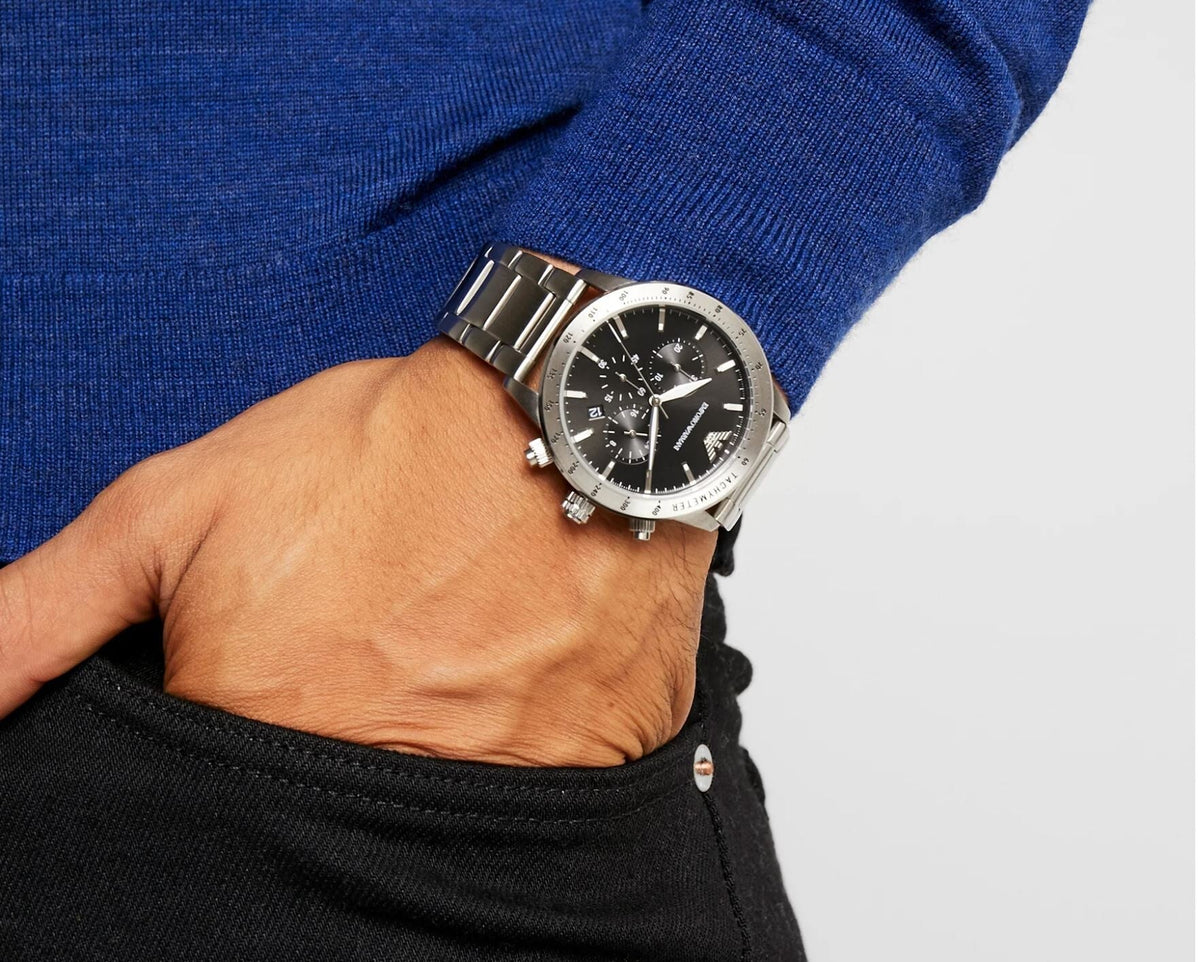  Shop Authentic Emporio Armani Mario Chronograph Black Dial Silver Steel Strap Watch For Men - AR11241 - Luxxuri