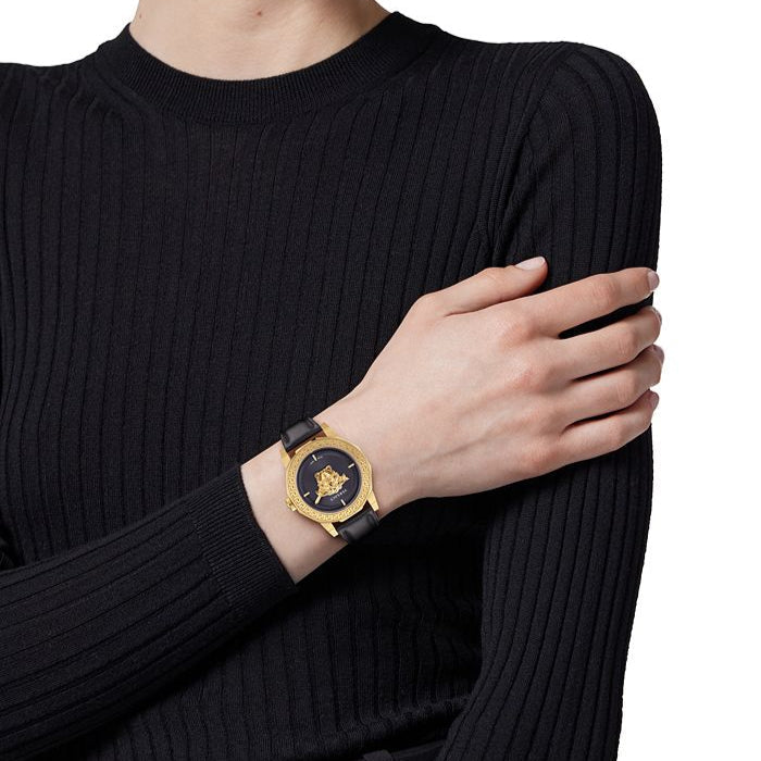  Shop Authentic Versace Palazzo Empire Greca Black Dial Black Leather Strap Watch for Women - VEDV00119 - Luxxuri