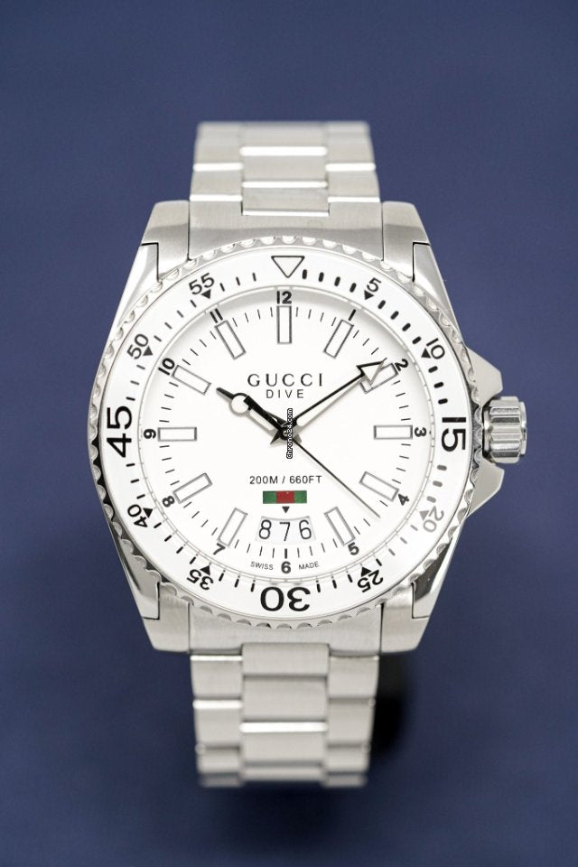  Shop Authentic Gucci Dive Quartz White Dial Silver Steel Strap Watch for Men - YA136302 - Luxxuri