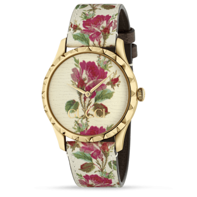  Shop Authentic Gucci G Timeless Floral Gold Dial White Leather Strap Watch For Women - YA1264084 - Luxxuri