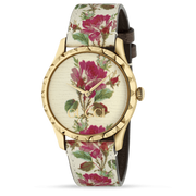  Shop Authentic Gucci G Timeless Floral Gold Dial White Leather Strap Watch For Women - YA1264084 - Luxxuri