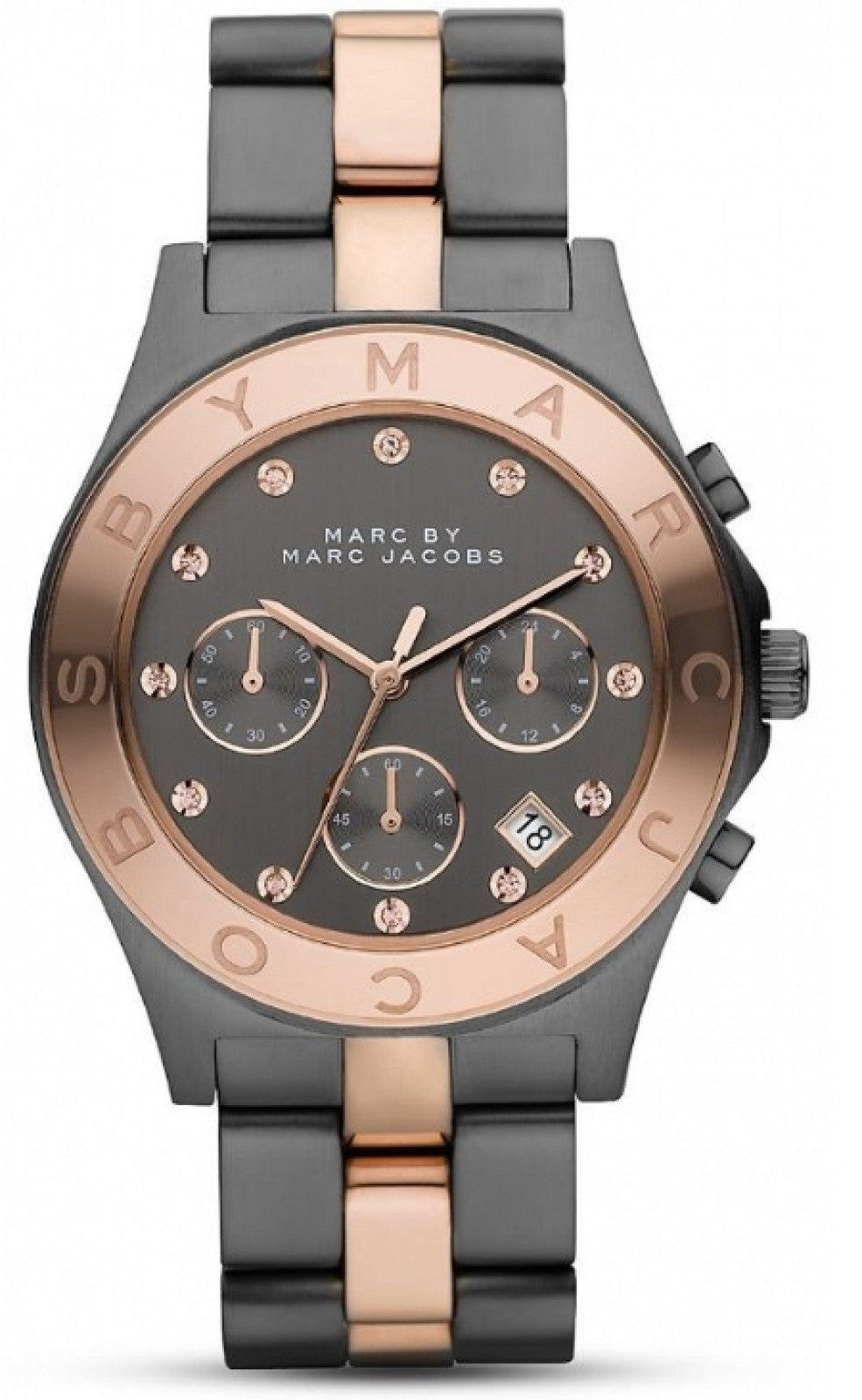  Shop Authentic Marc Jacobs Blade Chronograph Grey Dial Two Tone Steel Strap Watch for Women - MBM8583 - Luxxuri