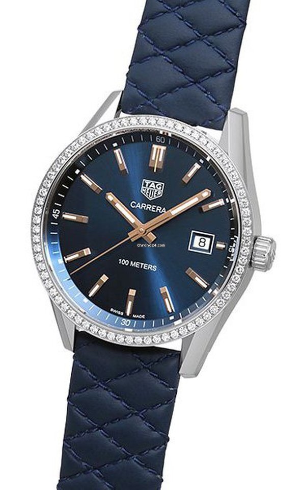  Shop Authentic Tag Heuer Carrera Quartz Diamonds Blue Dial Blue Leather Strap Watch for Women - WAR1114.FC6391 - Luxxuri