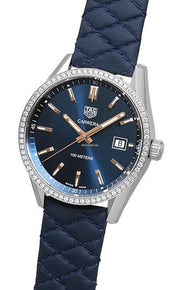  Shop Authentic Tag Heuer Carrera Quartz Diamonds Blue Dial Blue Leather Strap Watch for Women - WAR1114.FC6391 - Luxxuri