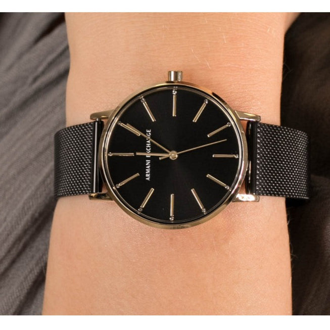  Shop Authentic Armani Exchange Lola Three Hand Black Dial Black Mesh Strap Watch For Women - AX5548 - Luxxuri