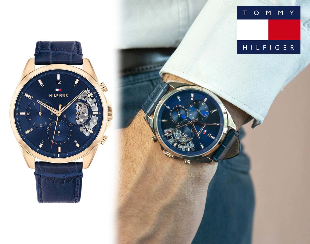  Shop Authentic Tommy Hilfiger Baker Chronograph Quartz Blue Dial Blue Leather Strap Watch For Men - 1710451 - Luxxuri