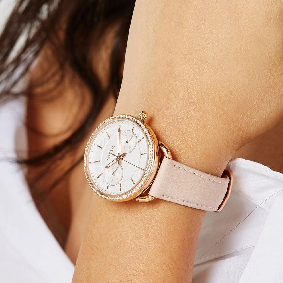  Shop Authentic Fossil Tailor Quartz White Dial Pink Leather Strap Watch for Women - ES4393 - Luxxuri