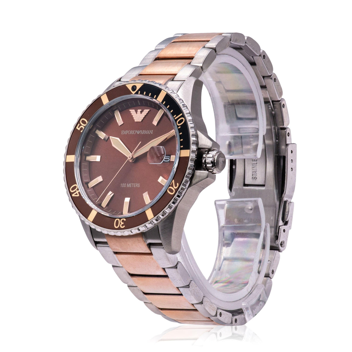  Shop Authentic Emporio Armani Diver Quartz Brown Dial Two Tone Steel Strap Watch For Men - AR11340 - Luxxuri