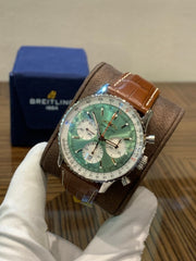  Shop Authentic Breitling Navitimer B01 Chronograph 41 Green Dial Brown Leather Strap Watch for Men - AB0139211L1P1 - Luxxuri