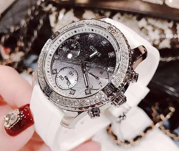  Shop Authentic Guess Confetti Crystal Black Dial White Silicone Strap Watch For Women - W1098L1 - Luxxuri
