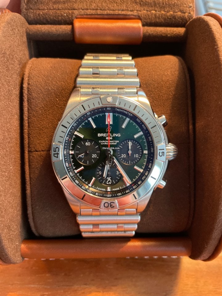  Shop Authentic Breitling Chronomat B01 42mm Green Dial Silver Steel Strap Watch for Men - AB01343A1L1A1 - Luxxuri