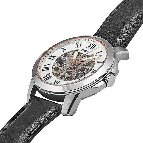 Shop Authentic Fossil Grant Automatic Skeleton White Dial Black Leather Strap Watch for Men - ME3101 - Luxxuri