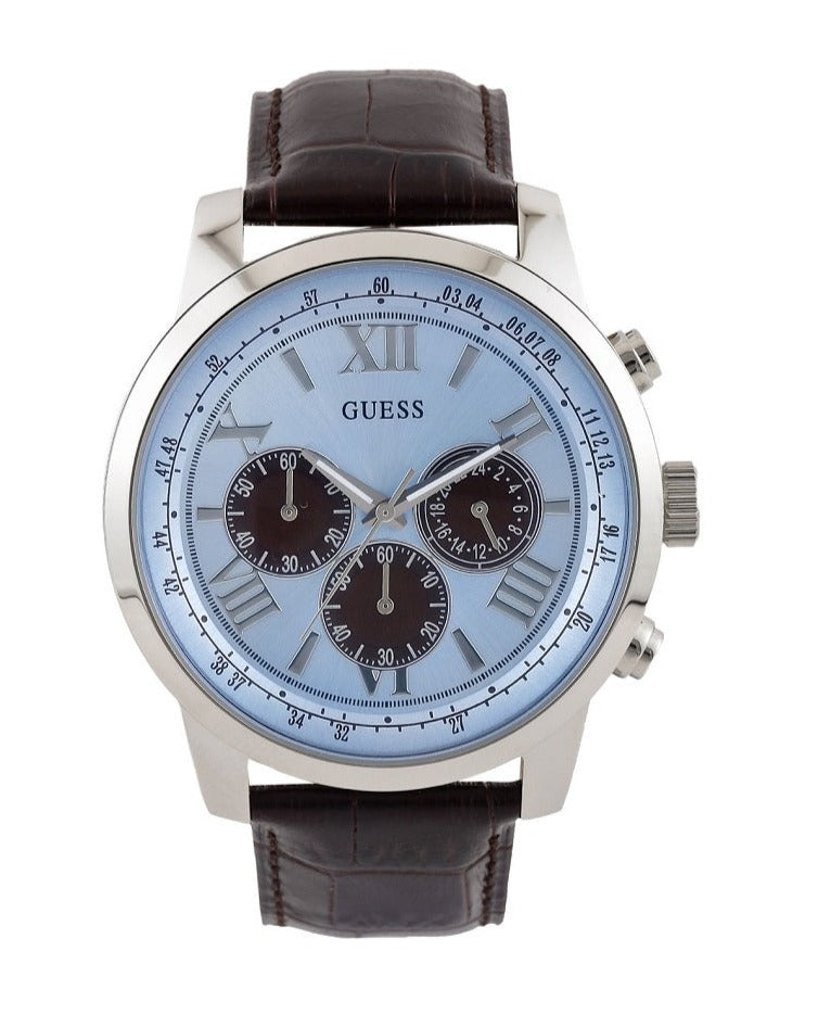  Shop Authentic Guess Horizon Chronograph Analog Blue Dial Brown Leather Strap Watch For Men - W0380G6 - Luxxuri