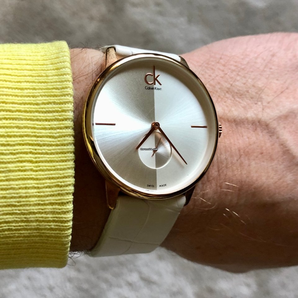  Shop Authentic Calvin Klein Accent Silver Dial White Leather Strap Watch for Women - K2Y216K6 - Luxxuri