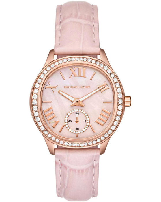  Shop Authentic Michael Kors Sage Three-Hand Mother of Pearl Pink Dial Pink Leather Strap Watch for Women - MK4820 - Luxxuri