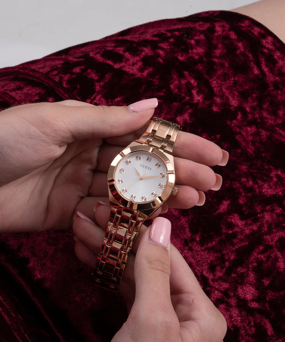  Shop Authentic Guess Crystalline Diamonds Silver Dial Rose Gold Steel Strap Watch for Women - GW0114L3 - Luxxuri