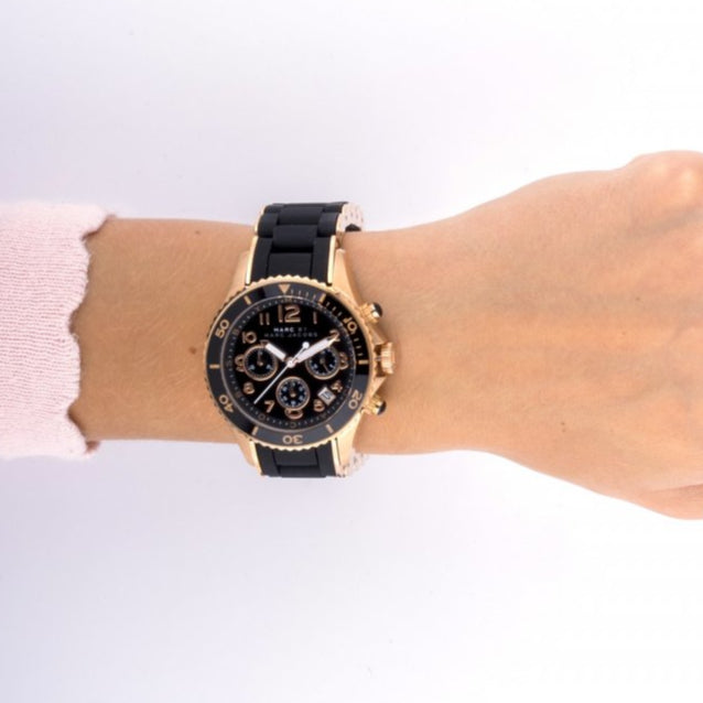 Shop Authentic Marc Jacobs Rock Chronograph Black Dial Black Silicone Strap Watch for Women - MBM2553 - Luxxuri