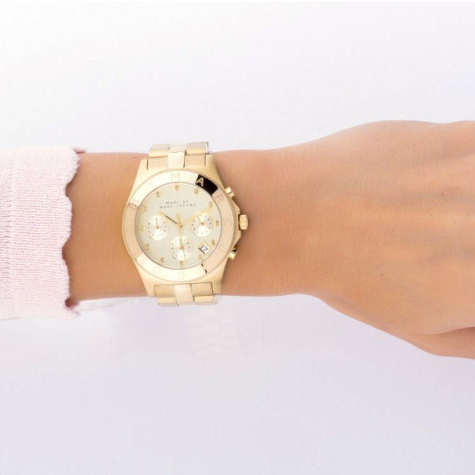  Shop Authentic Marc Jacobs Blade Chronograph Gold Dial Gold Steel Strap Watch for Women - MBM3101 - Luxxuri