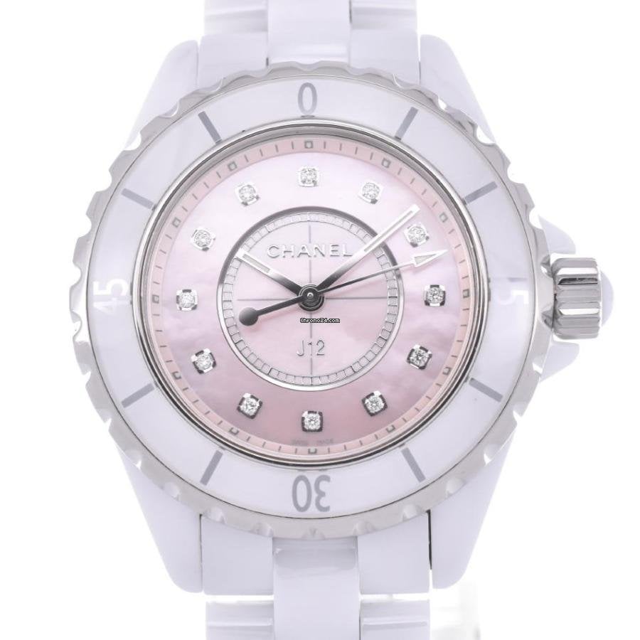  Shop Authentic Chanel J12 Quartz Diamonds Pink Dial White Steel Strap Watch for Women - J12 H5513 - Luxxuri