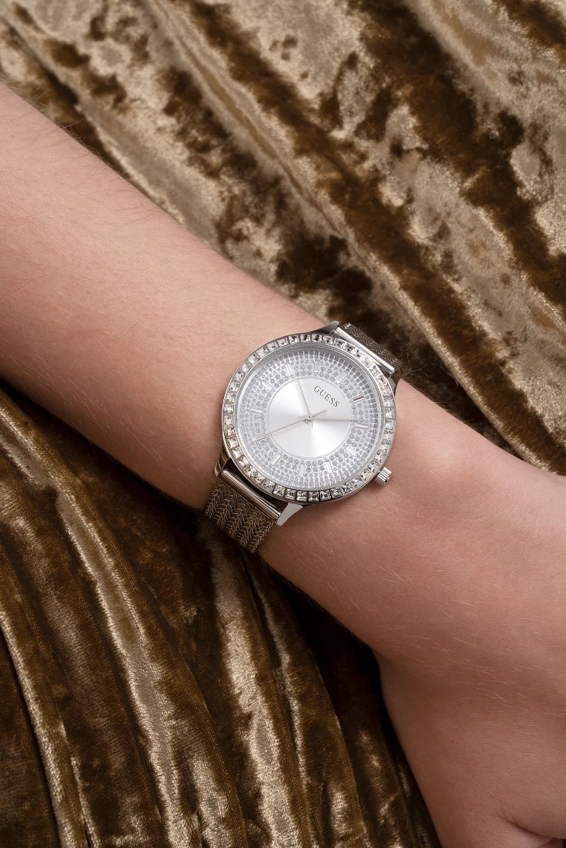  Shop Authentic Guess Soiree Diamonds Silver Dial Silver Mesh Bracelet Watch for Women - GW0402L1 - Luxxuri