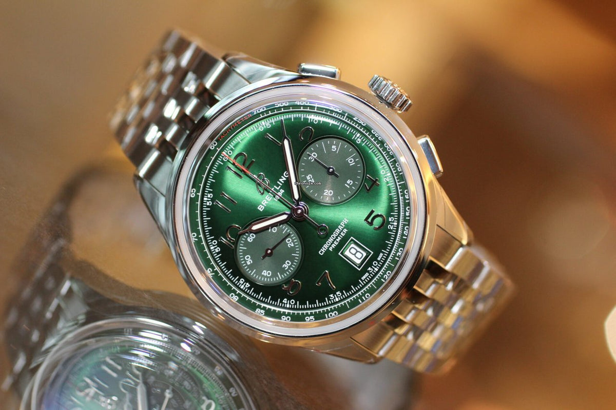  Shop Authentic Breitling Premier B01 Chronograph 42 Green Dial Silver Steel Strap Watch for Men - AB0145371L1A1 - Luxxuri