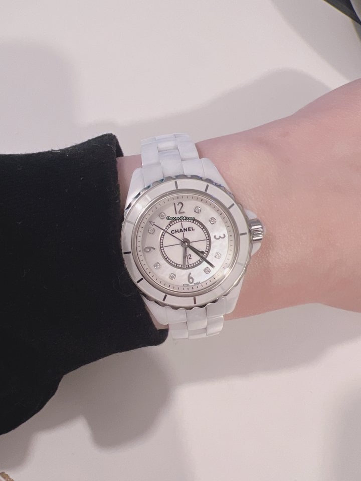  Shop Authentic Chanel J12 Diamonds Quartz Mother of Pearl White Dial White Steel Strap Watch for Women - J12 H2570 - Luxxuri