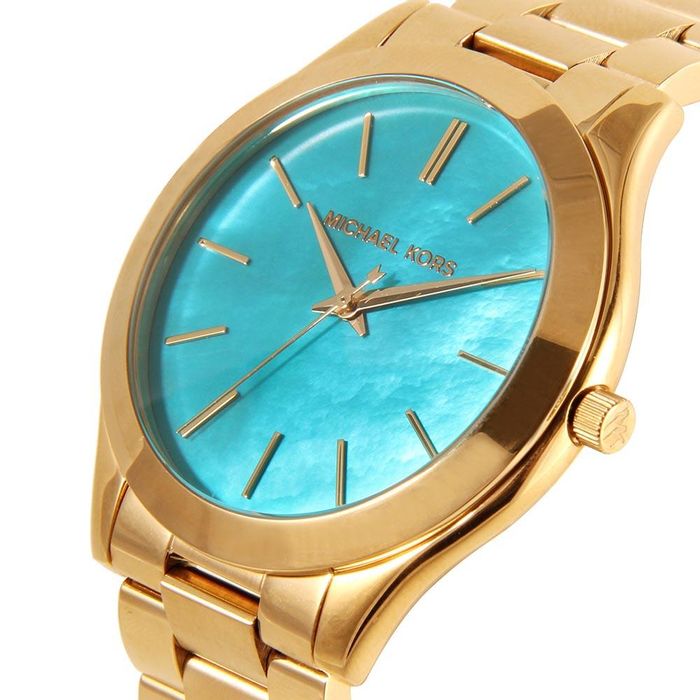  Shop Authentic Michael Kors Slim Runway Blue Mother of Pearl Dial Gold Steel Strap Watch for Women - MK3492 - Luxxuri