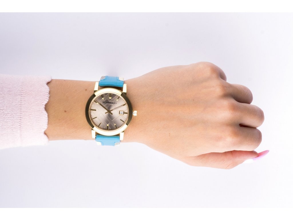  Shop Authentic Burberry The City Gold Dial Blue Leather Strap Watch for Women - BU9018 - Luxxuri