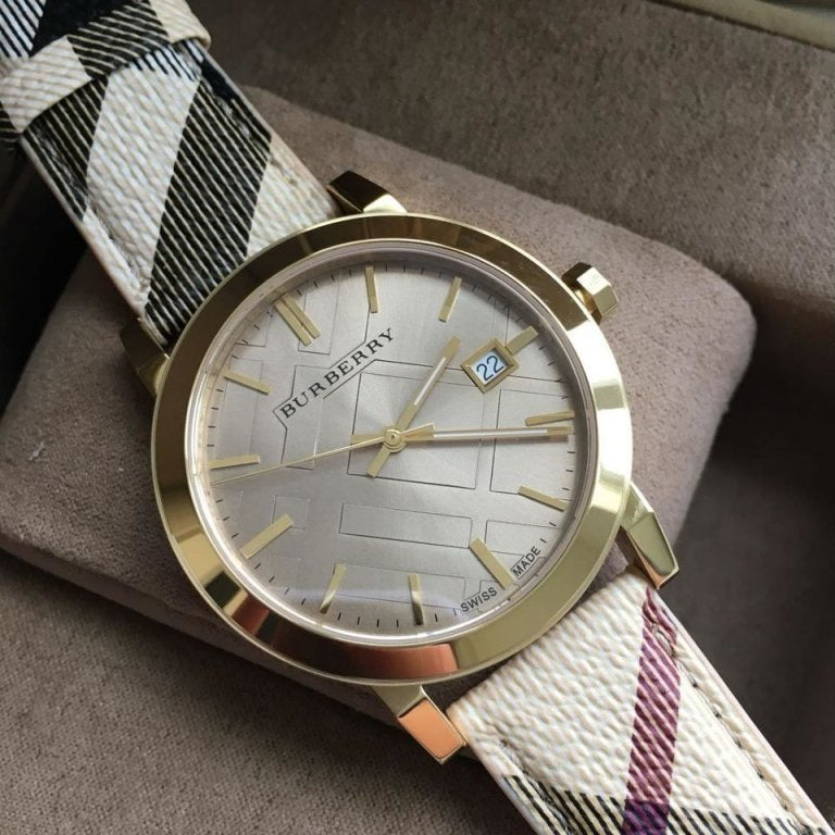  Shop Authentic Burberry The City Gold Dial Haymarket Brown Leather Strap Watch for Women - BU9026 - Luxxuri