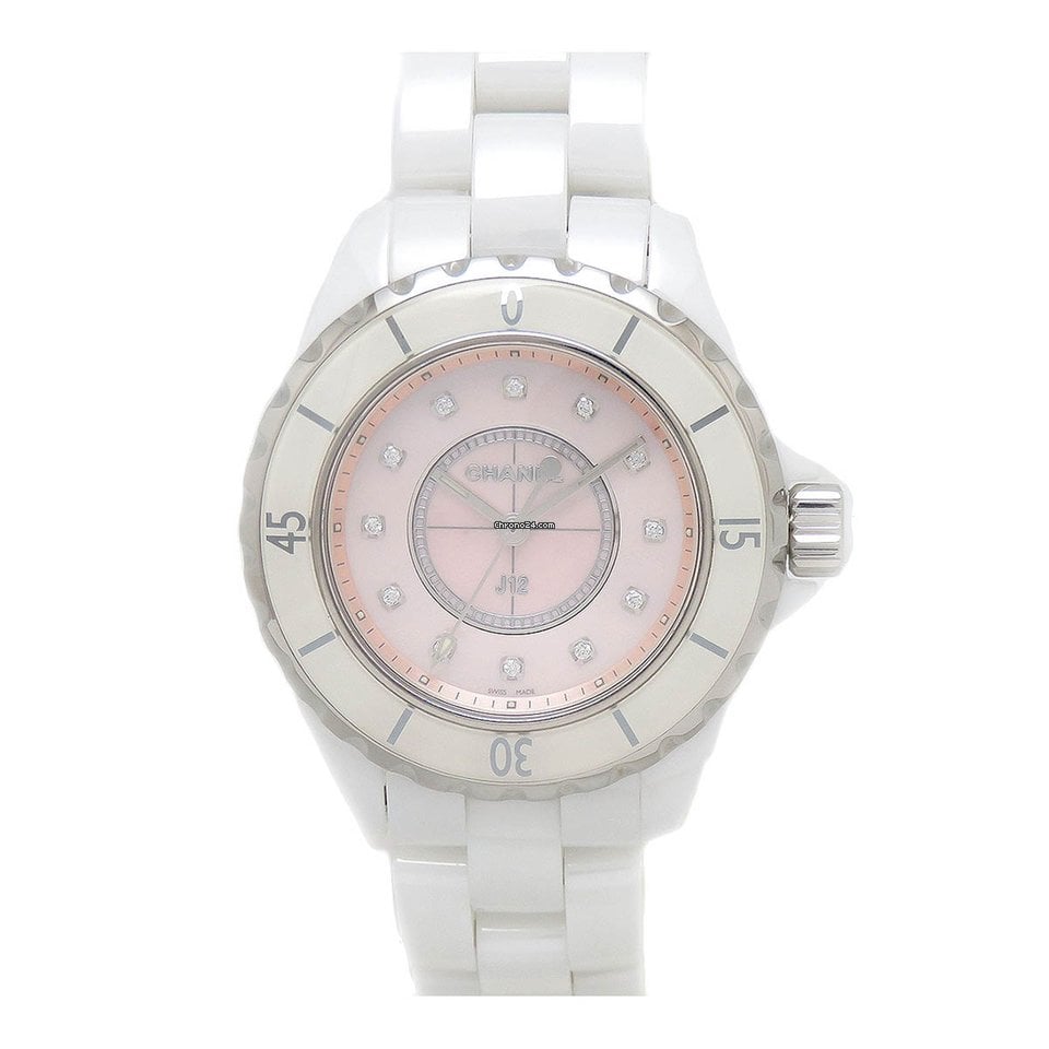  Shop Authentic Chanel J12 Quartz Diamonds Pink Dial White Steel Strap Watch for Women - J12 H5513 - Luxxuri